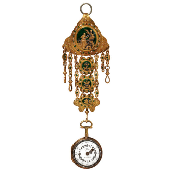 Unique French gold, enamel verge with chatelaine Circa 1770-90 Unique French gold, enamel verge with chatelaine Circa 1770-90