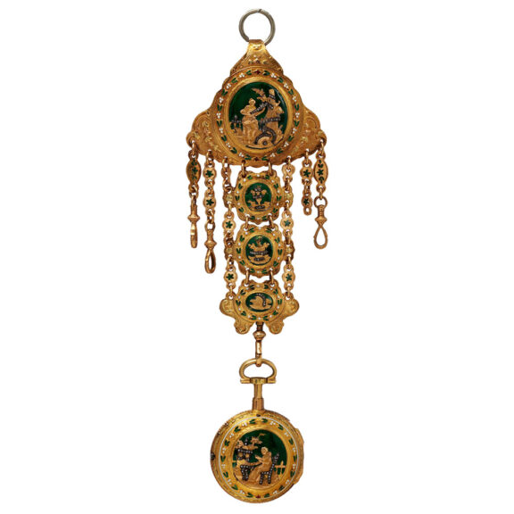 Unique French gold, enamel verge with chatelaine Circa 1770-90 Unique French gold, enamel verge with chatelaine Circa 1770-90