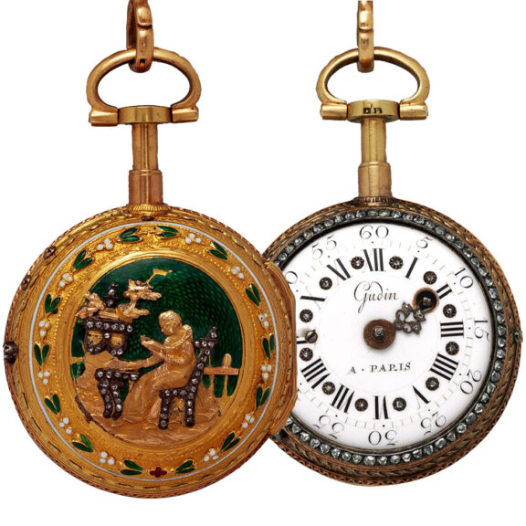 Unique French gold, enamel verge with chatelaine Circa 1770-90