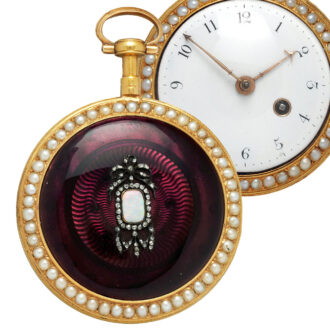 English gold enamel watch set with pearl and diamonds Circa 1790