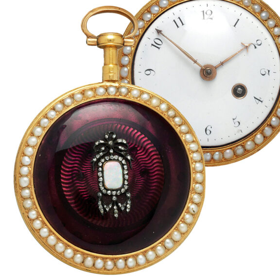 English gold enamel watch set with pearl and diamonds Circa 1790