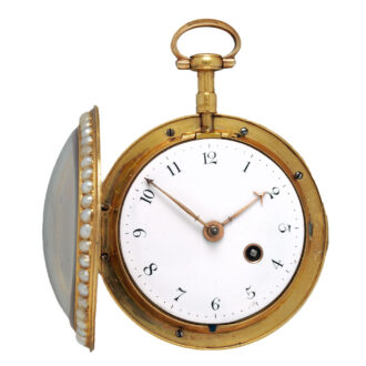 English gold enamel watch set with pearl and diamonds Circa 1790
