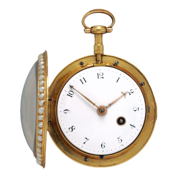 English gold enamel watch set with pearl and diamonds Circa 1790 English gold enamel watch set with pearl and diamonds Circa 1790