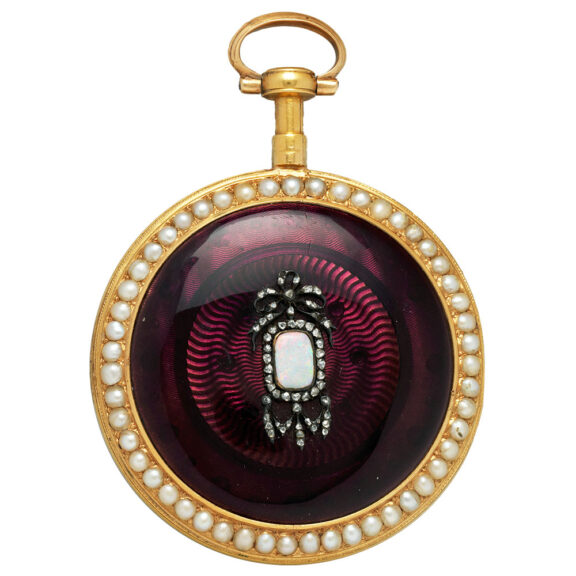 English gold enamel watch set with pearl and diamonds Circa 1790 English gold enamel watch set with pearl and diamonds Circa 1790