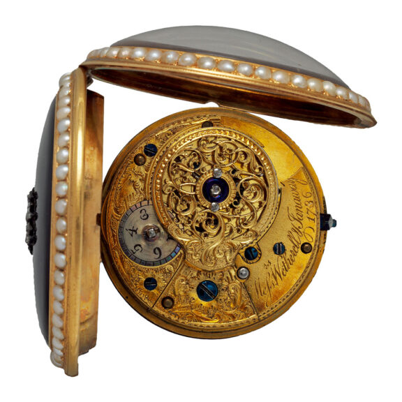 English gold enamel watch set with pearl and diamonds Circa 1790 English gold enamel watch set with pearl and diamonds Circa 1790