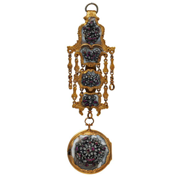 English gold agate watch set with diamonds and rubies Circa 1740 English gold agate watch set with diamonds and rubies Circa 1740