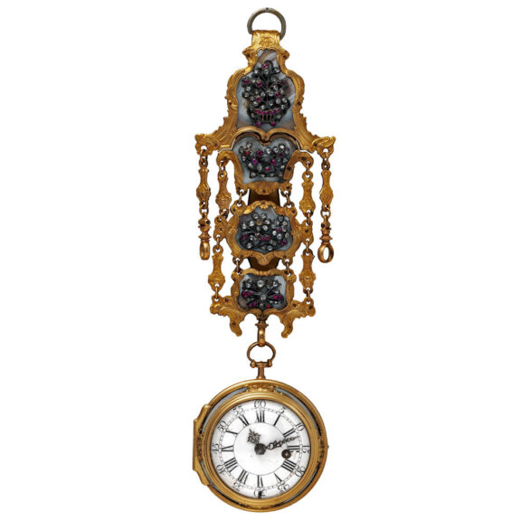English gold agate watch set with diamonds and rubies Circa 1740 English gold agate watch set with diamonds and rubies Circa 1740