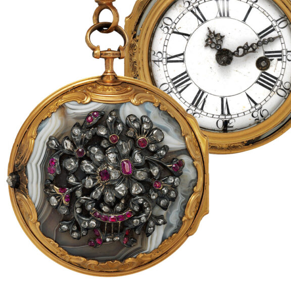English gold agate watch set with diamonds and rubies Circa 1740