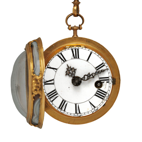 English gold agate watch set with diamonds and rubies Circa 1740 English gold agate watch set with diamonds and rubies Circa 1740