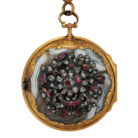 English gold agate watch set with diamonds and rubies Circa 1740 English gold agate watch set with diamonds and rubies Circa 1740