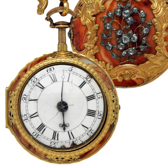 English gold and enamel verge with chatelaine from the 18th century English gold and enamel verge with chatelaine from the 18th century