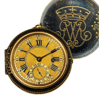 Gold English pair cased verge watch in leather case Circa 1682