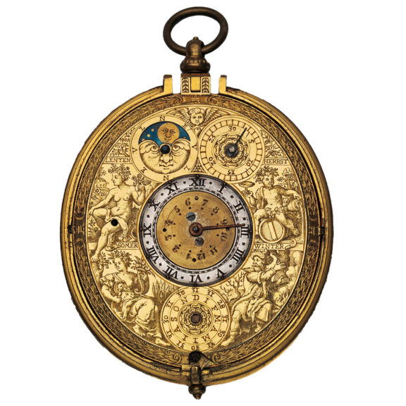 Rare Dutch astronomical gilt clock watch with sundial Circa 1605 Rare Dutch astronomical gilt clock watch with sundial Circa 1605