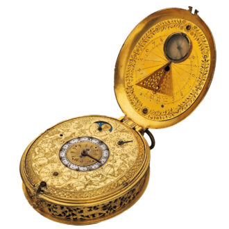 Rare Dutch astronomical gilt clock watch with sundial Circa 1605