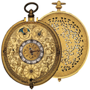 Rare Dutch astronomical gilt clock watch with sundial Circa 1605