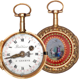 Swiss varicoloured gold, partly enamelled calendar watch Circa 1780-90