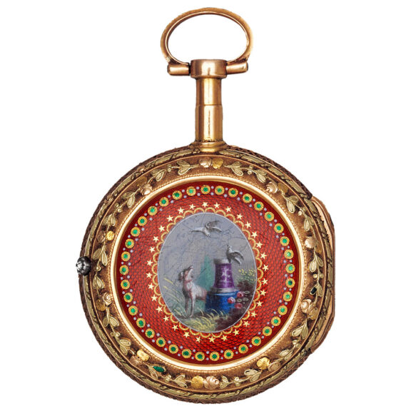 Swiss varicoloured gold, partly enamelled calendar watch Circa 1780-90 Swiss varicoloured gold, partly enamelled calendar watch Circa 1780-90