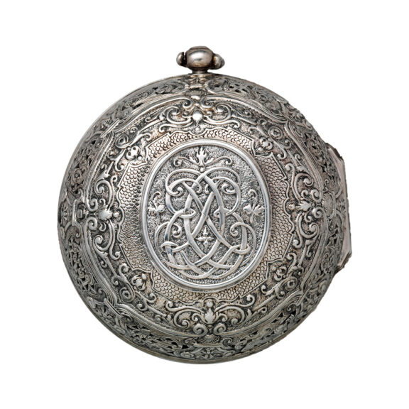 English silver pair cased repoussé watch with alarm Circa 1695 English silver pair cased repoussé watch with alarm Circa 1695