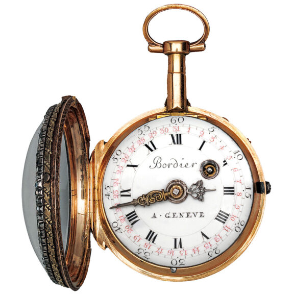 Swiss varicoloured gold, partly enamelled calendar watch Circa 1780-90 Swiss varicoloured gold, partly enamelled calendar watch Circa 1780-90