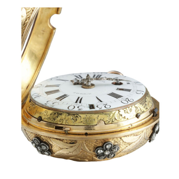 French gold and diamond set repoussé repeater Circa 1730 French gold and diamond set repoussé repeater Circa 1730