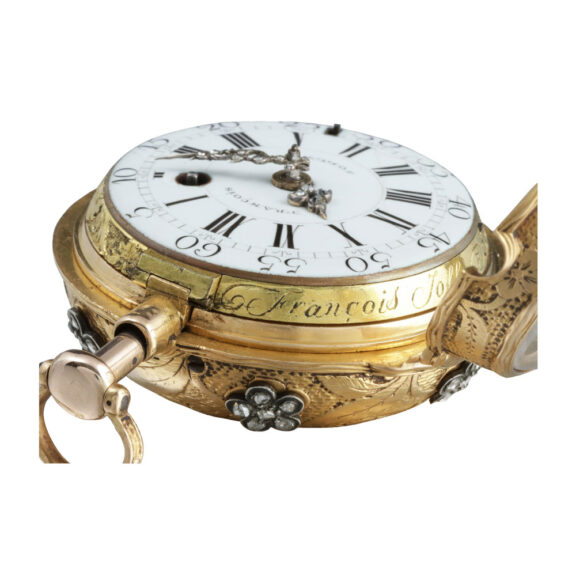 French gold and diamond set repoussé repeater Circa 1730 French gold and diamond set repoussé repeater Circa 1730