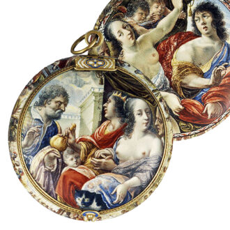 French gold watch with biblical enamel paintings Circa 1645-50