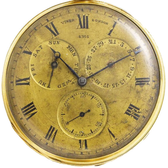 Large English gold calendar pocket watch Circa 1830 Large English gold calendar pocket watch Circa 1830