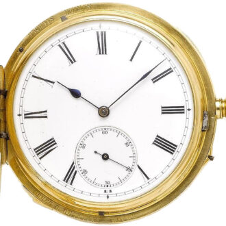 Swiss/English gold full hunter lever clock watch Circa 1877