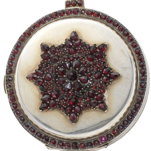 Swiss silver gilt garnet set repeating clock watch Circa 1890 Swiss silver gilt garnet set repeating clock watch Circa 1890