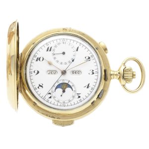 Swiss 18K gold hunting cased complicated watch Circa 1890