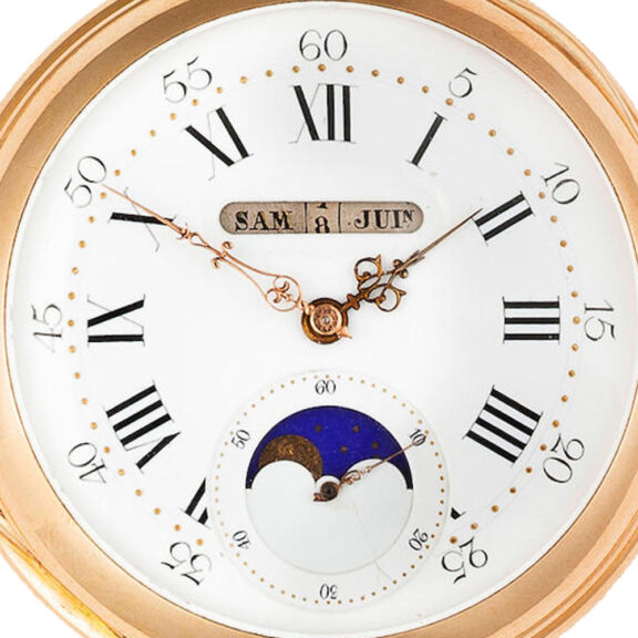 Swiss gold watch with triple calendar and moon phases Circa 1890 Swiss gold watch with triple calendar and moon phases Circa 1890