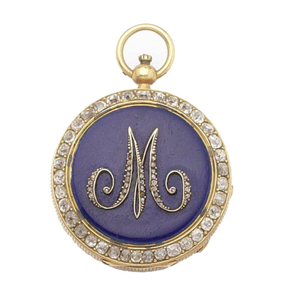 French gold pendant watch with diamond monogram Circa 1880