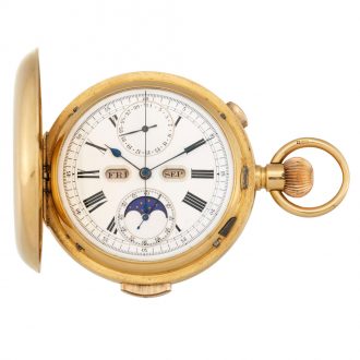 Swiss gold chronograph with calendar and moon phases Circa 1900 Swiss gold chronograph with calendar and moon phases Circa 1900