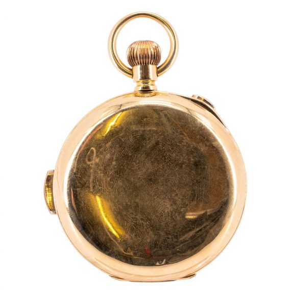 Swiss gold chronograph with calendar and moon phases Circa 1900 Swiss gold chronograph with calendar and moon phases Circa 1900
