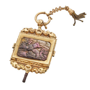 Gold watch key with mother of pearls and hunting scene 19th Century