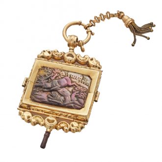 Gold watch key with mother of pearls and hunting scene 19th Century
