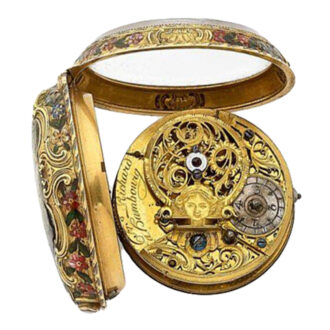 Open back French engraved and enamelled gold watch Open back French engraved and enamelled gold watch