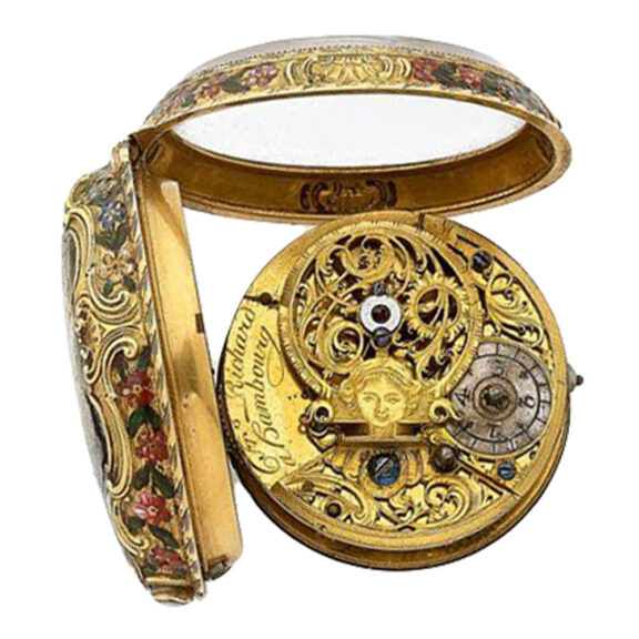 Open back French engraved and enamelled gold watch Open back French engraved and enamelled gold watch