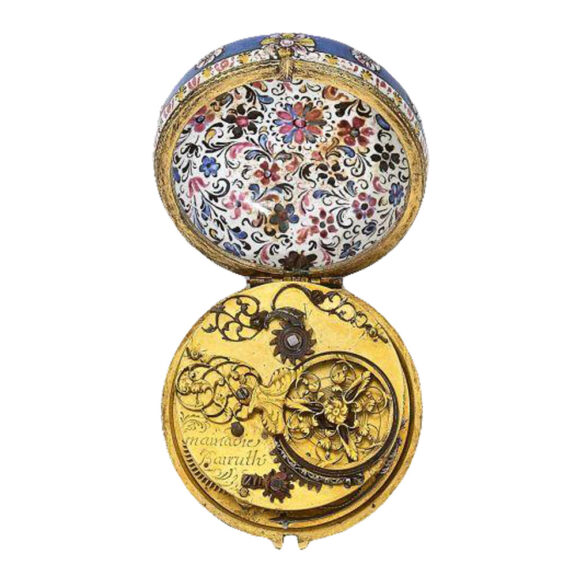 Open back Gilt metal watch with enamel Mainadié Bairuth Circa 1680/1690 Open back Gilt metal watch with enamel Mainadié Bairuth Circa 1680/1690