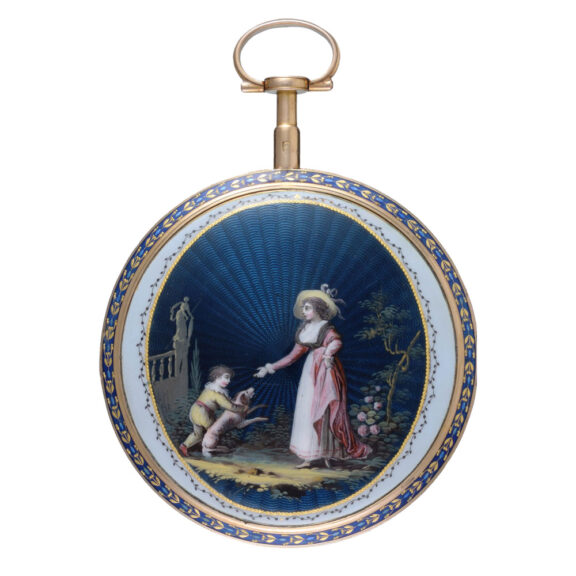 Swiss gold and enamel verge with calendar Circa 1780 Swiss gold and enamel verge with calendar Circa 1780
