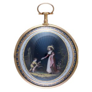 Swiss gold and enamel verge with calendar Circa 1780