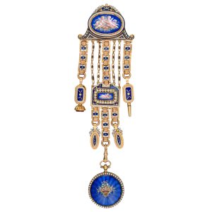 Swiss gold enamel and pearl set verge with chatelaine Circa 1830