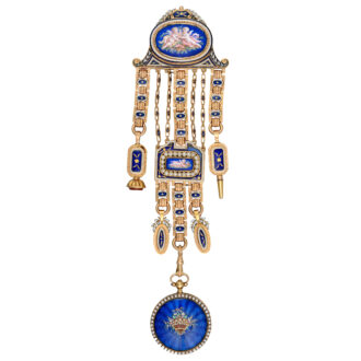 Swiss gold enamel and pearl set verge with chatelaine Circa 1830