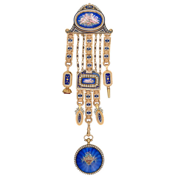 Swiss gold enamel and pearl set verge with chatelaine Circa 1830