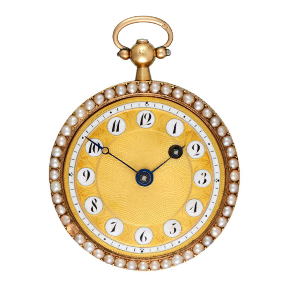 Swiss gold, enamel and pearl-set verge with chatelaine Circa 1830 Swiss gold, enamel and pearl-set verge with chatelaine Circa 1830