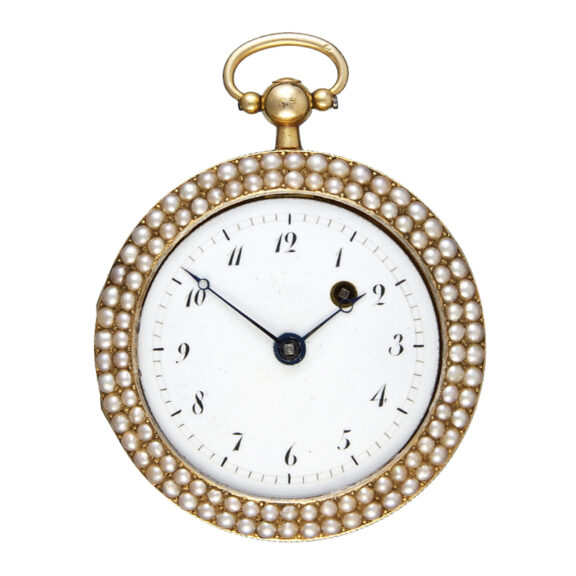 Swiss gold, enamel, and pearl set verge watch Circa 1830 Swiss gold, enamel, and pearl set verge watch Circa 1830