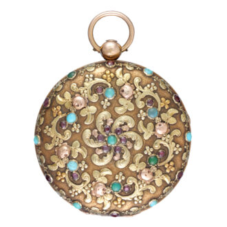 French verge in turquoise, ruby set open face case circa 1830