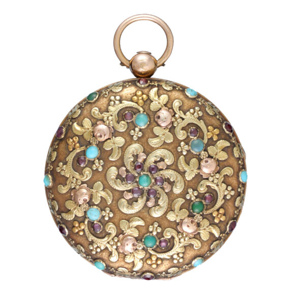 French verge in turquoise, ruby set open face case circa 1830