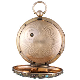 French verge in turquoise, ruby set open face case circa 1830