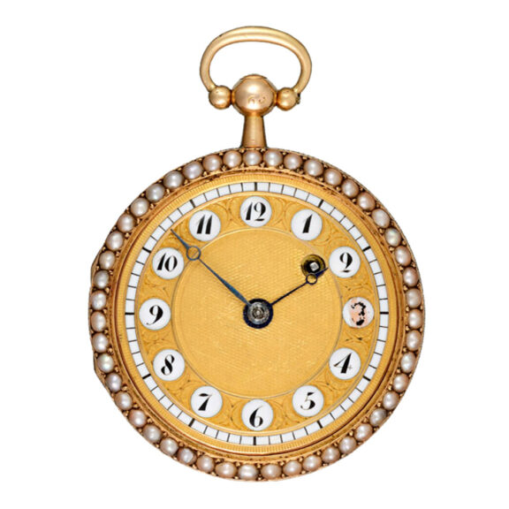 Swiss 18k gold, turquoise, and pearl set verge watch Circa 1830 Swiss 18k gold, turquoise, and pearl set verge watch Circa 1830